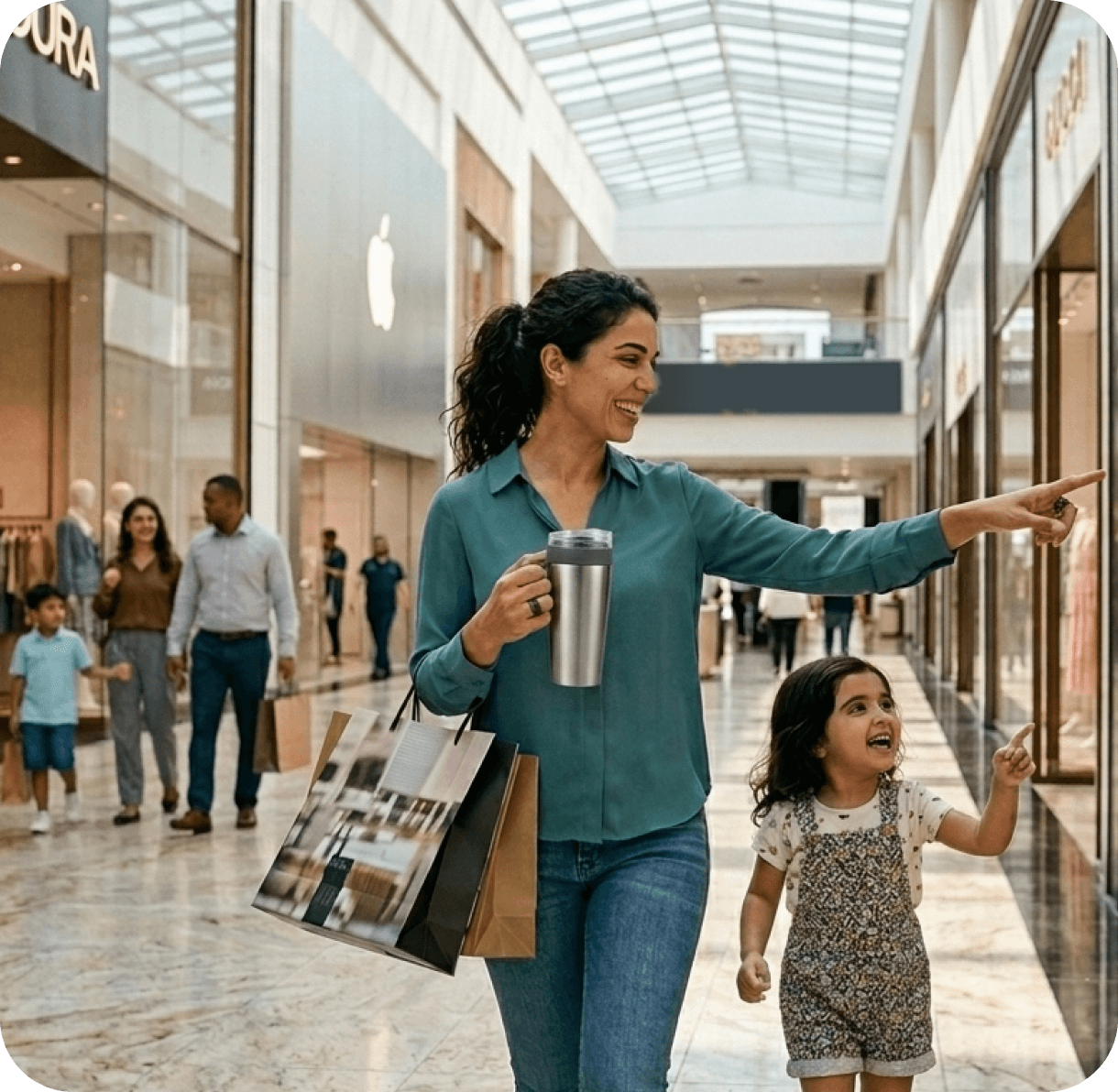 Active shopping mall scenario with family